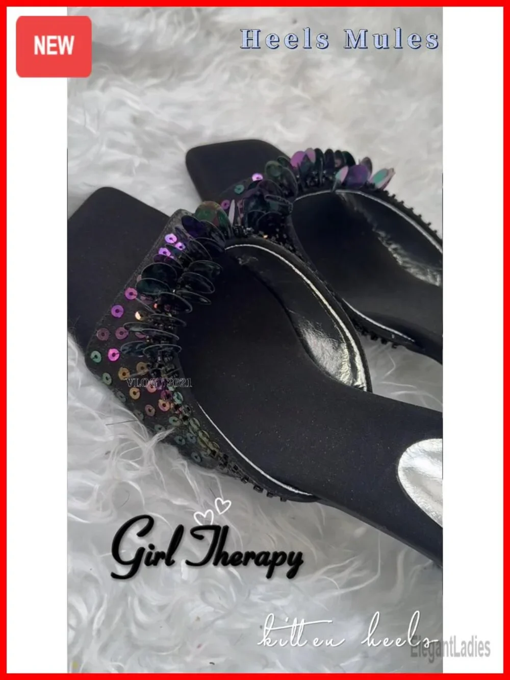 Sequin Stiletto Heeled Mule Sandals Low Heel Square Toe Slip On Prom Party